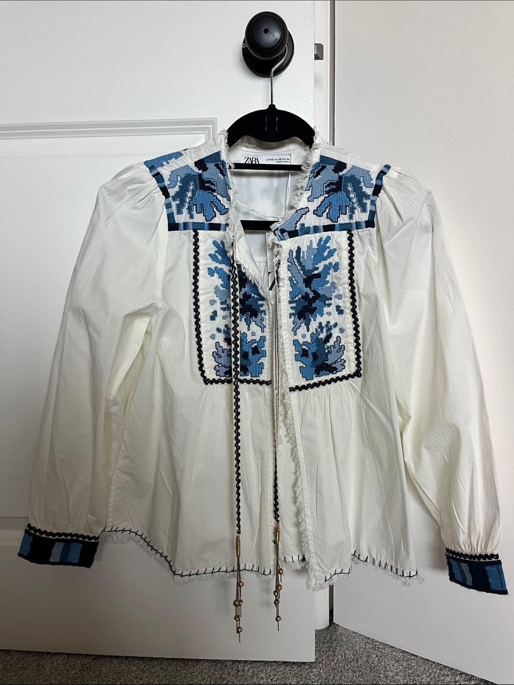 Zara White Blouse with Blue Embroidered Yoke